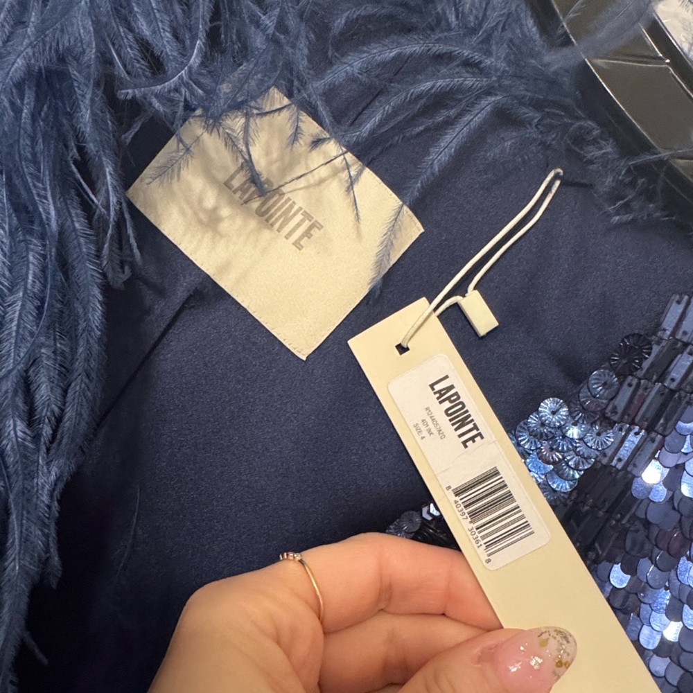 LAPOINTE Blue Blazer Patchwork Sequin Feather Trim Blazer - Picture 11 of 13